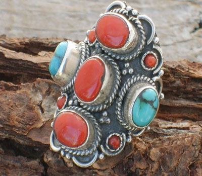 Tibetan Ring Coral & Turquoise - sz 9